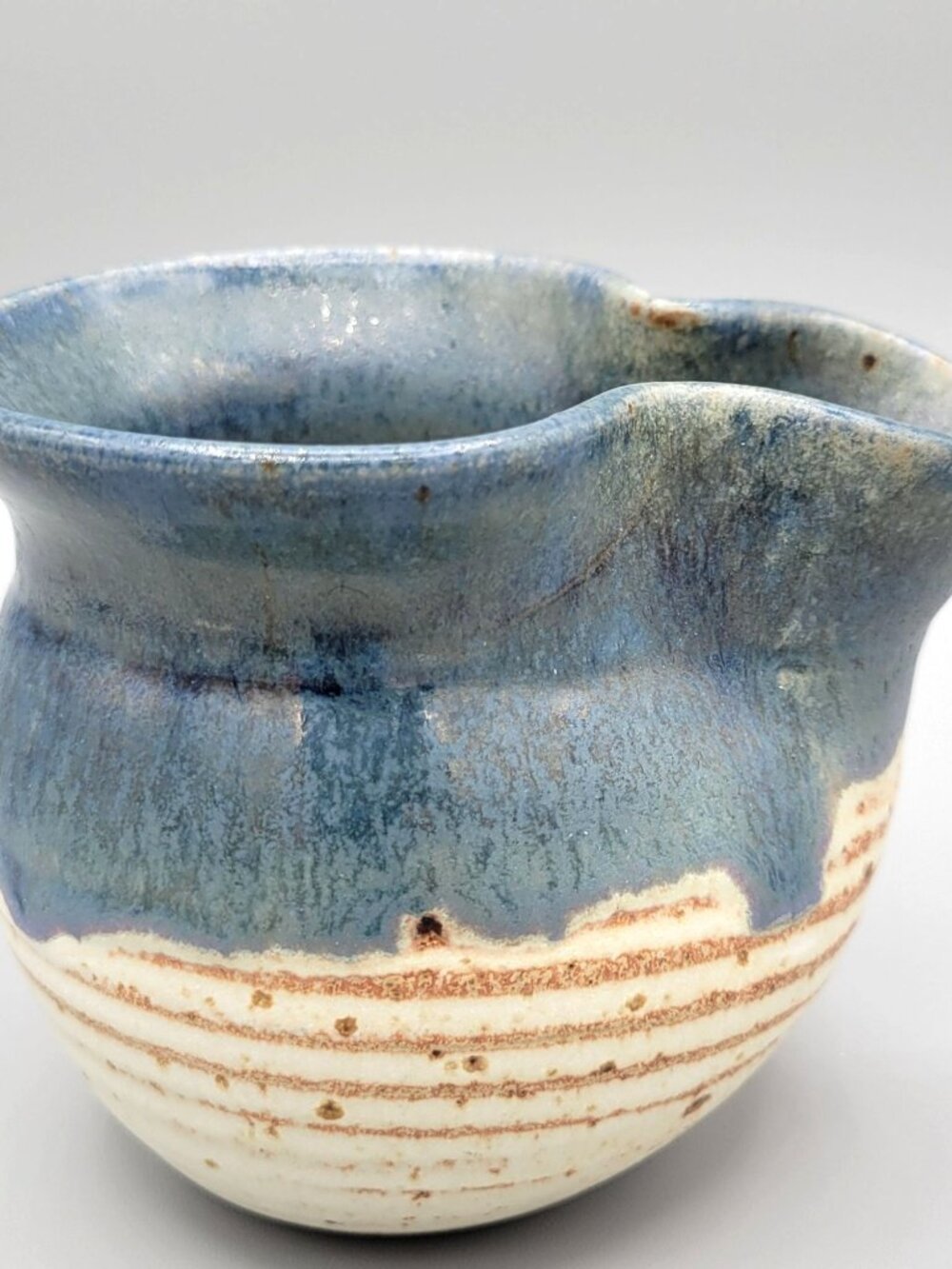 Studio Pottery Creamer Small Jug Two Tone Design Blue Glaze Drip Speckled Base